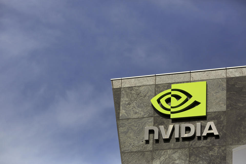 The logo of technology company Nvidia is seen at its headquarters in Santa Clara, California, on February 11, 2015. Nvidia Corp on Wednesday reported higher quarterly results that beat Wall Street expectations, sending its shares higher while the Graphics chip maker was looking to sharpen its focus on high-end automobiles.  Nvidia is trying to expand its graphics technology beyond the sluggish personal computer industry with its line of Tegra chips for mobile devices and increasingly for cars.  REUTERS/Robert Galbraith (UNITED STATES - Tags: SCIENCE TECHNOLOGY BUSINESS LOGO)