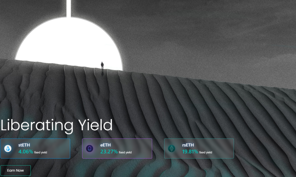 Screenshot from the Pendle homepage showing a dramatic landscape with a person standing at the edge of a sand dune under a large, bright circular light. The text on the image reads 'Liberating Yield' and displays fixed yield percentages for stETH (4.06%), eETH (23.27%), and rsETH (19.81%). There is also a button labeled 'Earn Now'.