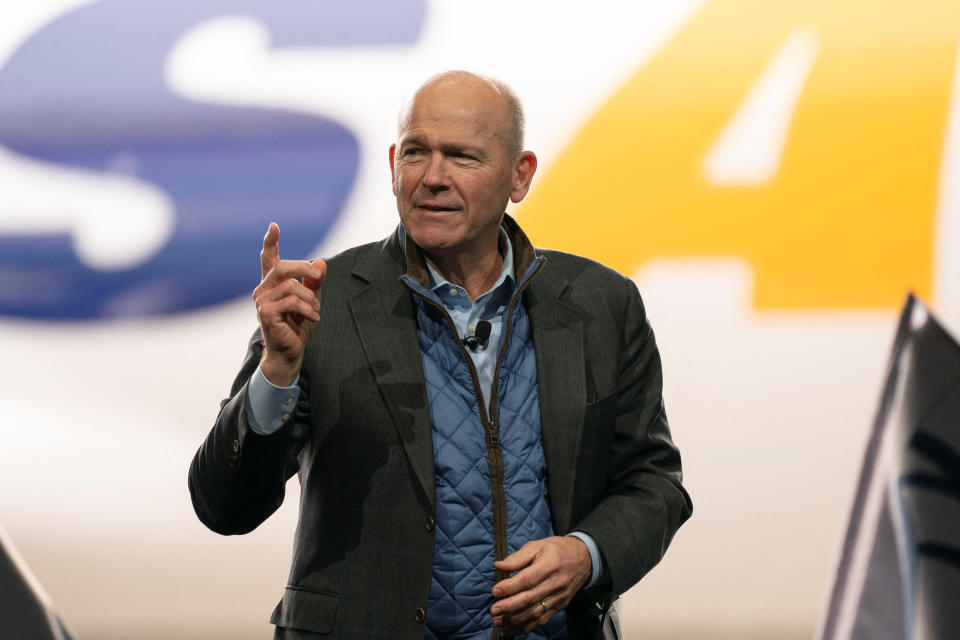 Dave Calhoun, CEO of Boeing, speaks on stage during the delivery of the last 747 jet at its factory in Everett, Washington, USA, on January 31, 2023. REUTERS/David Ryder/Files