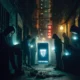 A dimly lit alleyway in a bustling Chinese city, with shadowy figures huddled around a glowing smartphone, the screen displaying the Tether logo and various foreign currency symbols, suggesting an underground cryptocurrency exchange operation.