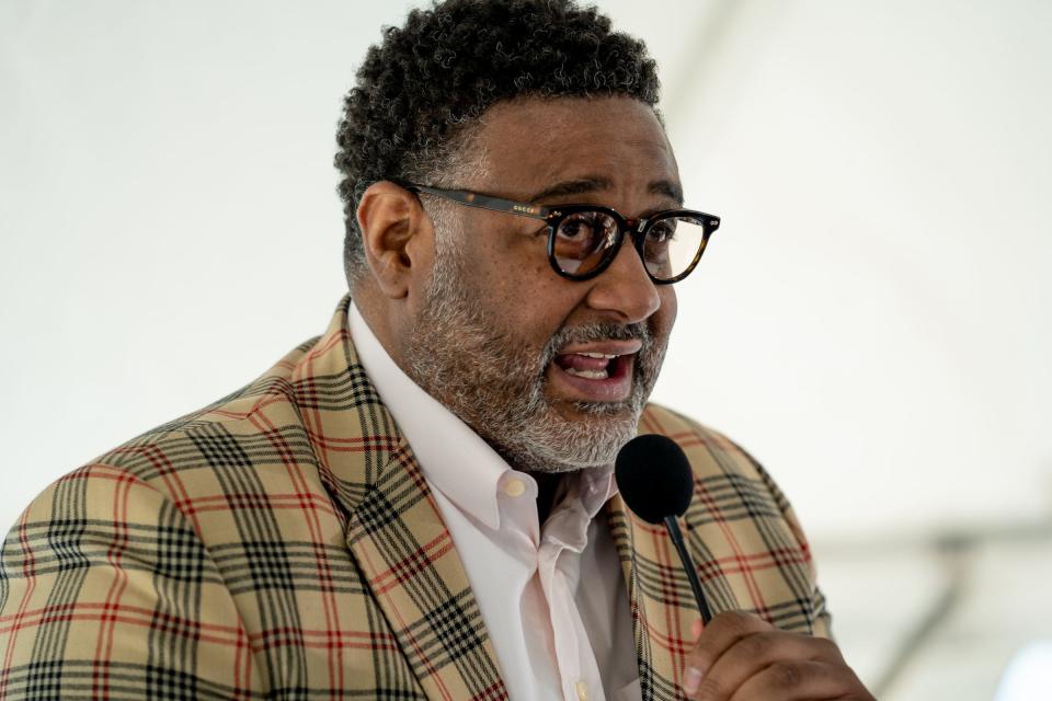 Detroit Riverfront Conservancy Chief Financial Officer William Smith speaks during a press conference on May 12, 2021. The nonprofit announced last week that it has placed Smith on unpaid leave amid a criminal investigation into the conservancy's finances .