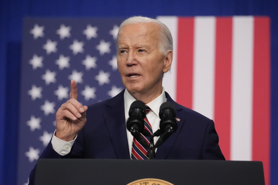 President Joe Biden speaks about the PACT Act at the Westwood Park YMCA, Tuesday, May 21, 2024, in Nashua, NH (AP Photo/Alex Brandon)