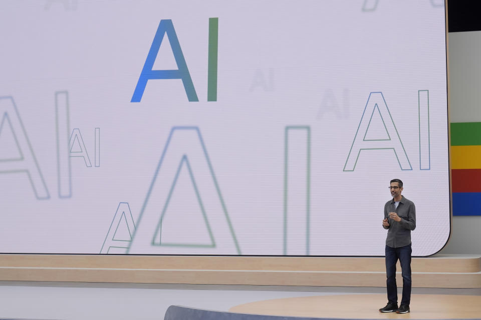 FILE - Alphabet CEO Sundar Pichai speaks at a Google I/O event in Mountain View, Calif., May 14, 2024. Bloopers — some funny, some disturbing — have been shared on social media since Google launched a redesign of its search page that frequently places AI-generated summaries at the top of search results.  (AP Photo/Jeff Chiu, File)