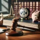 A gavel and a stack of legal documents on a wooden desk, with the SEC logo and a cracked piggy bank in the background, representing the court's decision against the SEC and the financial implications.