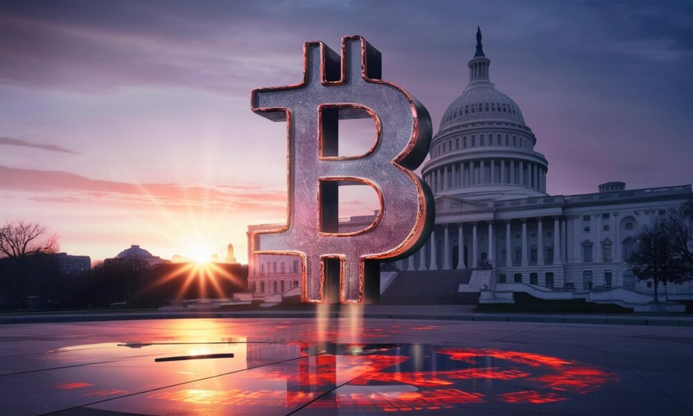 A striking 3D render of a massive crypto icon, resembling a stylized bitcoin symbol, looming in front of the iconic US House of Representatives building. The cinematic visual showcases a futuristic, glowing crypto icon that casts a vivid reflection on the ground. In the background, the sun sets over the Washington D.C. skyline, casting a warm, golden hue over the scene. The overall ambiance is both awe-inspiring and symbolic of the intersection of technology and politics., 3d render, cinematic