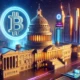 A 3D rendering of the U.S. Capitol building with a large Bitcoin symbol hovering above it, set against a futuristic cityscape background.