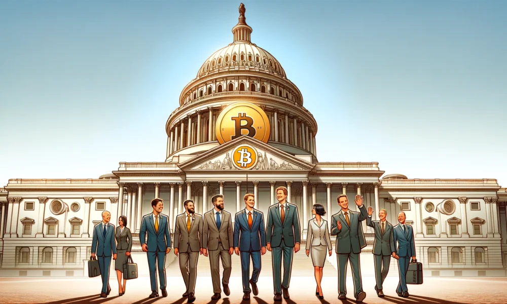 Crypto Capitol: Design an image of the U.S. Capitol Building with a large Bitcoin symbol on its dome. Pro-crypto politicians standing in front of the building, while anti-crypto politicians are seen walking away in defeat.