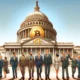 Crypto Capitol: Design an image of the U.S. Capitol Building with a large Bitcoin symbol on its dome. Pro-crypto politicians standing in front of the building, while anti-crypto politicians are seen walking away in defeat.