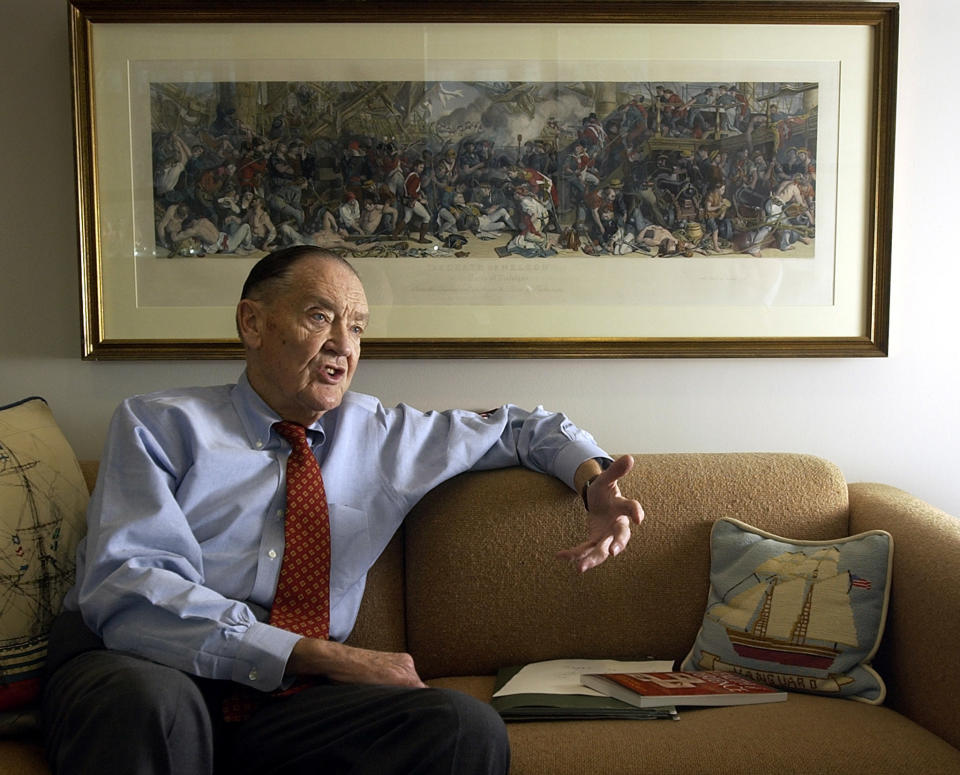 Vanguard group founder John Bogle makes the point during an interview in his office on the Vanguard campus near Valley Forge, Pennsylvania, on January 16, 2003. Bogle, an industry guru, has publicly criticized the mutual fund industry .