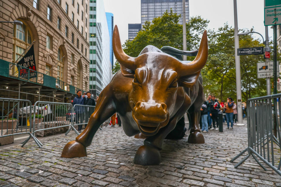 A bronze sculpture Charging Bull in the Financial District of Manhattan, New York City, United States, on October 23, 2022. The sculpture was created by Italian artist Arturo Di Modica after the Black Monday stock market crash of 1987. (Photo by Beata Zawrzel/NurPhoto via Getty Images)