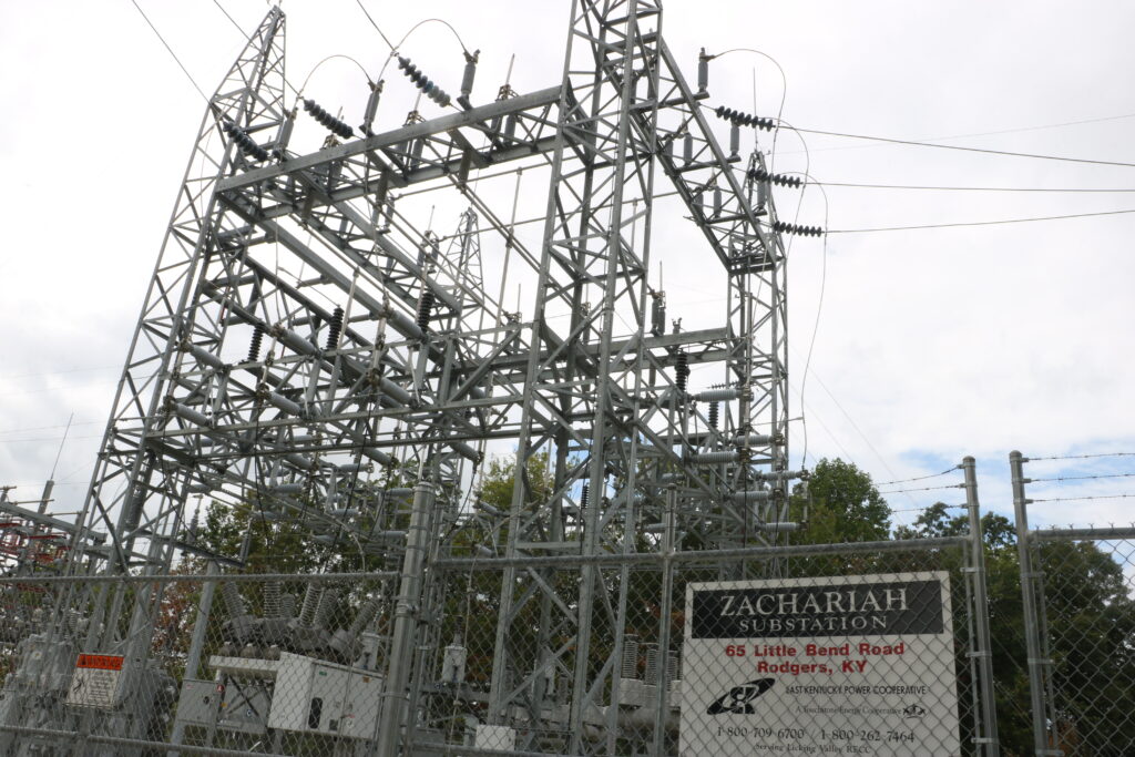 Power lines branch out from a large metal frame at the East Kentucky Power Cooperative electrical substation in Wolfe County.