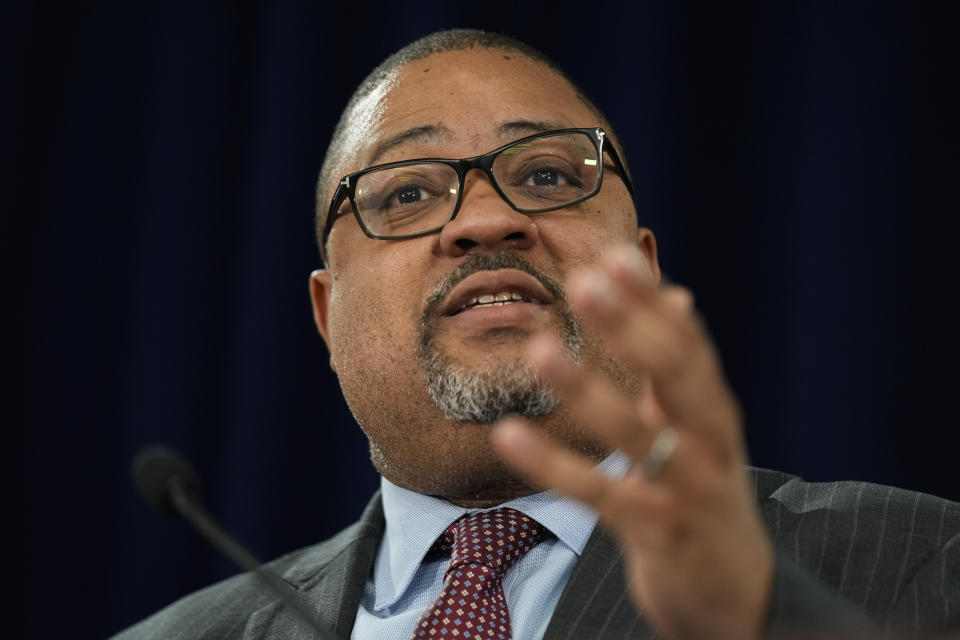 Manhattan District Attorney Alvin Bragg speaks to the media after a jury found former President Donald Trump guilty of 34 felony counts of falsifying business records, Thursday, May 30, 2024, in New York.  Donald Trump became the first former president to be convicted of felony crimes when a New York jury found him guilty of 34 felony counts of falsifying business records in a scheme to illegally influence the 2016 election through silent payments to a porn actor who said the two had sex.  (AP Photo/Seth Wenig)