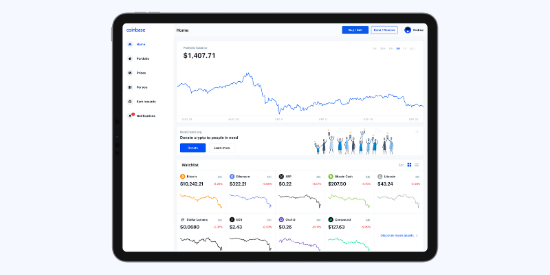 A screenshot of Coinbase's crypto trading platform home screen.