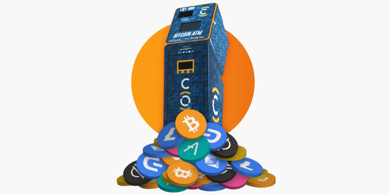 An image of a Coinbase crypto ATM surrounded by 3D cryptocurrency coins.