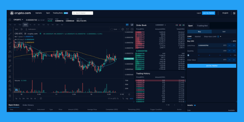 A screenshot of Crypto.com's crypto trading platform.