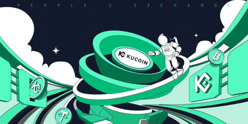 An illustration of an astronaut interacting with the Kucoin logo in space with cryptocurrency coins floating nearby.