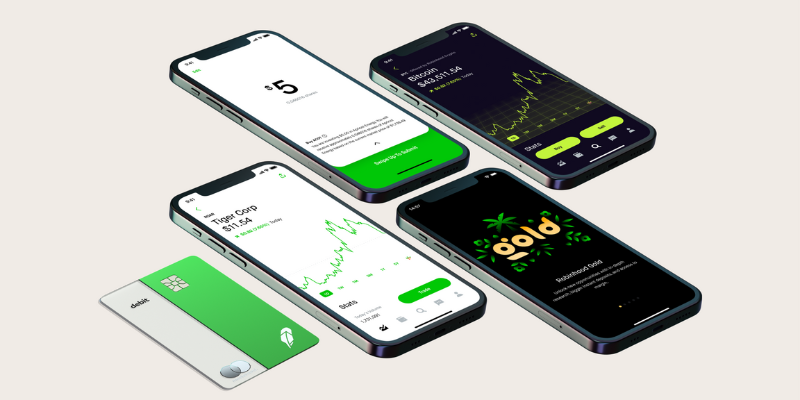 Robinhood's crypto trading platform displayed on multiple mobile devices.