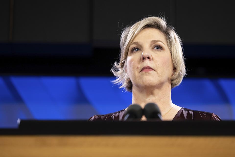 Robyn Denholm, Chair of the Technology Council of Australia and Chair of the Board of Directors of Tesla Inc, during a speech to the National Press Club of Australia in Canberra on Wednesday, September 14, 2022. (Photo by Alex Ellinghausen/Sydney Morning Herald via Getty Images)