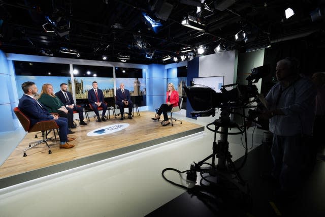 Robbie Butler, Naomi Long, Colum Eastwood, John Finucane and Gavin Robinson, ahead of the UTV election debate with moderator Vicki Hawthorne