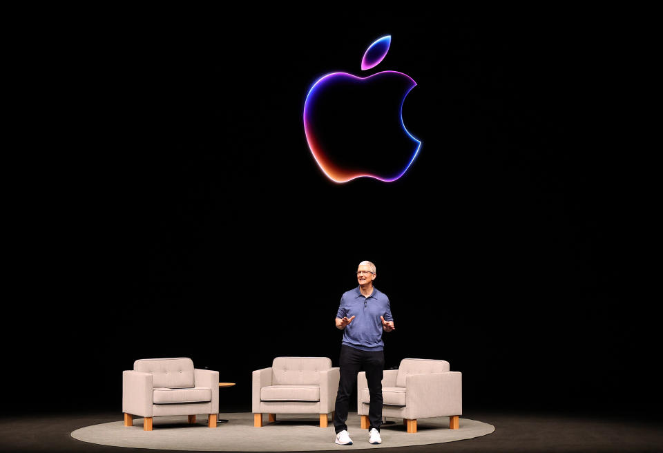 CUPERTINO, CALIFORNIA – JUNE 10: Apple CEO Tim Cook delivers remarks at the start of the Apple Worldwide Developers Conference (WWDC) on June 10, 2024 in Cupertino, California.  Apple will announce plans to incorporate artificial intelligence (AI) into Apple software and hardware.  (Photo by Justin Sullivan/Getty Images)