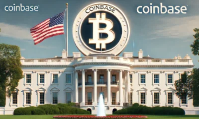 An image of the White House with a large Coinbase logo on its facade, symbolizing the growing influence of cryptocurrency in American politics and the potential acceptance of crypto donations by both major candidates.