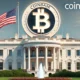 An image of the White House with a large Coinbase logo on its facade, symbolizing the growing influence of cryptocurrency in American politics and the potential acceptance of crypto donations by both major candidates.