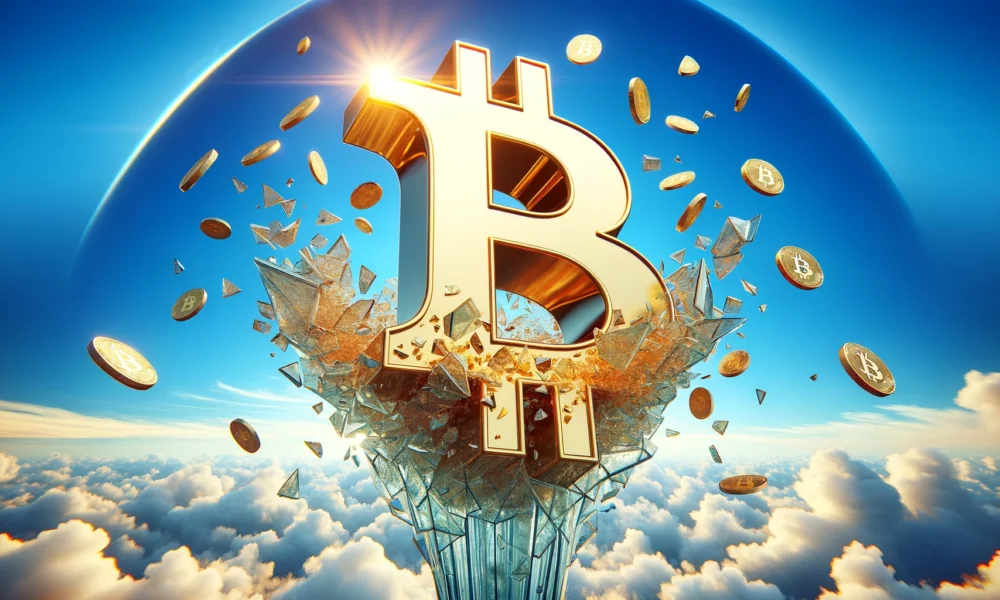 A towering bitcoin symbol made of gleaming gold breaks through a glass ceiling, shattering it into countless pieces against a vibrant blue sky with fluffy white clouds, symbolizing the record-breaking open interest in Bitcoin futures.