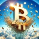 A towering bitcoin symbol made of gleaming gold breaks through a glass ceiling, shattering it into countless pieces against a vibrant blue sky with fluffy white clouds, symbolizing the record-breaking open interest in Bitcoin futures.