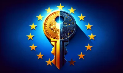 A digital illustration of a cryptographic key, half shining in gold representing the positive applications, and the other half in a dark, ominous color representing the potential for misuse. The key is set against a backdrop of the European Union flag.