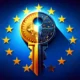 A digital illustration of a cryptographic key, half shining in gold representing the positive applications, and the other half in a dark, ominous color representing the potential for misuse. The key is set against a backdrop of the European Union flag.