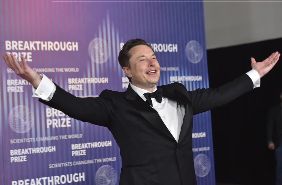 Elon Musk arrives at the 10th Breakthrough Awards Ceremony on Saturday, April 13, 2024, at the Academy Museum of Motion Pictures in Los Angeles.  (Photo by Jordan Strauss/Invision/AP)