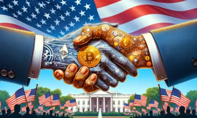 A conceptual illustration featuring a handshake between two hands, one made of flesh and the other composed of various cryptocurrency symbols, set against a backdrop of the American flag and the White House.