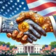 A conceptual illustration featuring a handshake between two hands, one made of flesh and the other composed of various cryptocurrency symbols, set against a backdrop of the American flag and the White House.