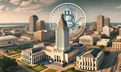 Louisiana state capitol building with Bitcoin symbol overlay