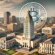 Louisiana state capitol building with Bitcoin symbol overlay