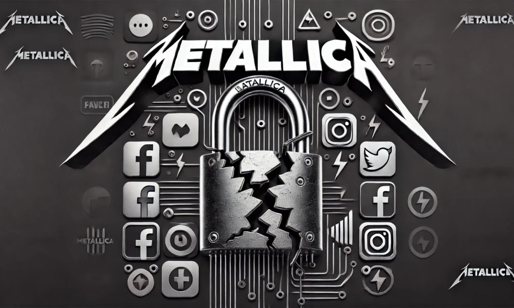 Metallica logo with a broken padlock, depicting a hacked social media account