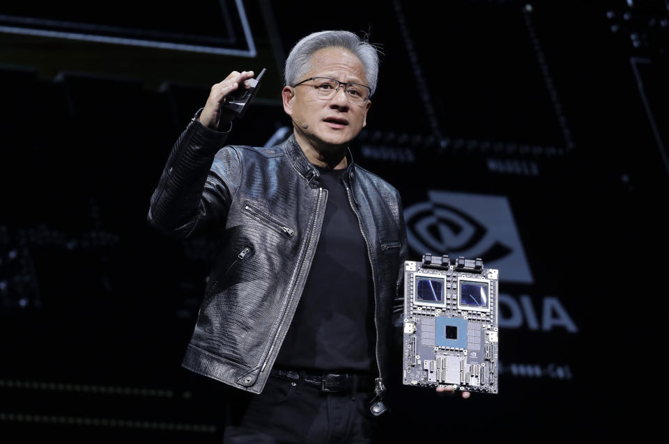 Nvidia CEO Jensen Huang delivers a speech during the Computex 2024 exhibition in Taipei, Taiwan, June 2, 2024. (AP Photo/Chiang Ying-ying)