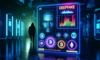 A digital maze with cryptocurrency logos, intertwined with AI-generated faces symbolizing deepfake technology