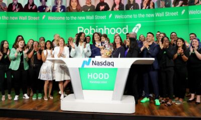 Robinhood's Baiju Bhatt and Vlad Tenev celebrate after ringing the bell on Robinhood Markets IPO Listing Day on July 29, 2021 in New York City.