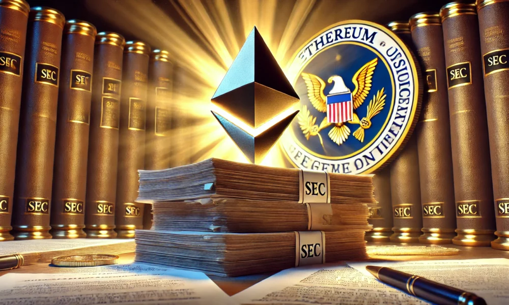 Digital art of the Ethereum logo emerging from a stack of legal documents, with the SEC seal in the background, symbolizing Ethereum's victory over regulatory uncertainty.