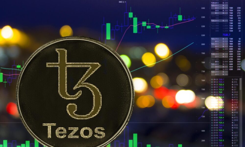 Tezos-XTZ-logo-with-background-of-trading-price-charts