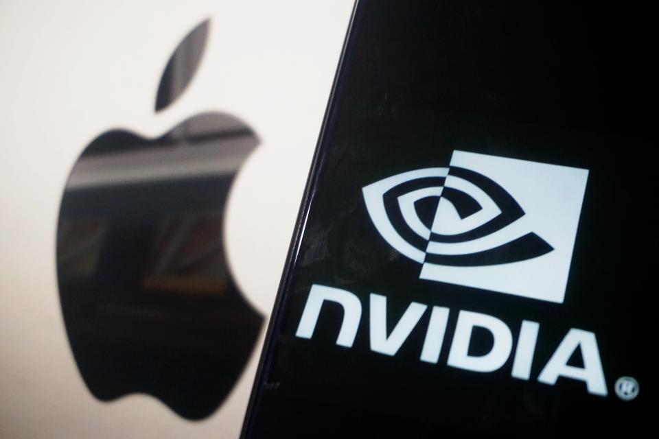 HANGZHOU, CHINA - JUNE 3, 2024 - The NVIDIA logo and Apple logo are pictured in Hangzhou city, Zhejiang province, China, June 6, 2024. On June 5, Eastern Time, the value of Nvidia's stock market surpassed $3 trillion, officially surpassing Apple's.  market value and become the second largest technology giant in the world by market value.  It is worth mentioning that in just over 3 months, Nvidia's market value soared from US$2 trillion to US$3 trillion.  (Photo credit should be CFOTO/Future Publishing via Getty Images)