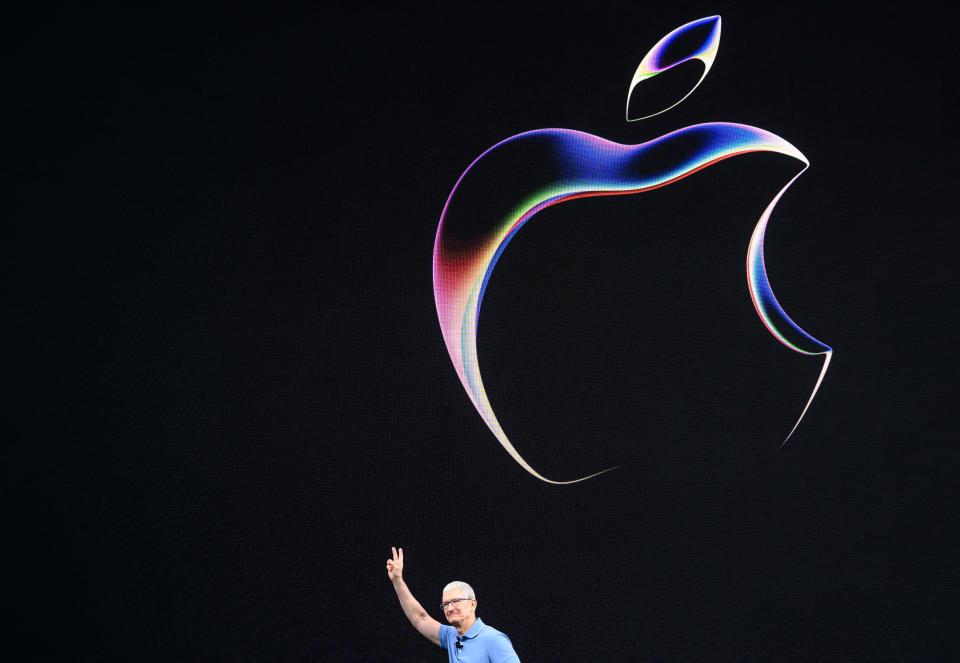 Apple CEO Tim Cook speaks during Apple's Worldwide Developers Conference (WWDC) at the Apple Park campus in Cupertino, California, on June 5, 2023. Apple is expected to showcase expensive mixed reality helmets at its Annual Worldwide Developers Conference, challenging Meta, owner of Facebook, in a market that has not yet boiled.  (Photo by Josh Edelson/AFP) (Photo by JOSH EDELSON/AFP via Getty Images)