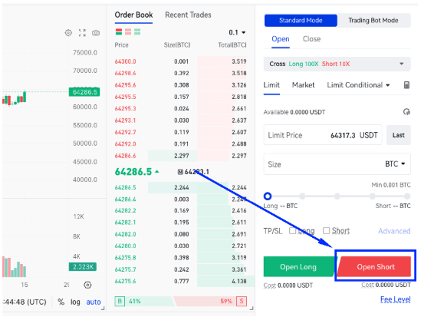 Phemex short trading interface