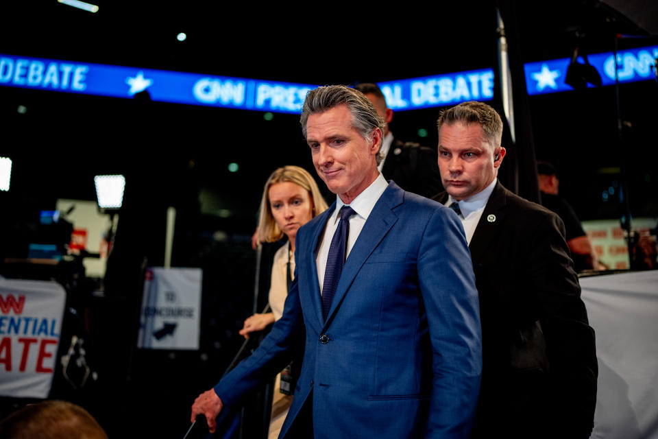 ATLANTA, GEORGIA - JUNE 27: Governor Gavin Newsom (D-CA) departs after speaking to reporters in the rotation room following the CNN presidential debate between U.S. President Joe Biden and Republican presidential nominee, former U.S. President USA Donald Trump at the McCamish Pavilion on the Georgia Institute of Technology campus on June 27, 2024 in Atlanta, Georgia.  President Biden and former President Trump face off in the first presidential debate of the 2024 campaign. (Photo by Andrew Harnik/Getty Images)