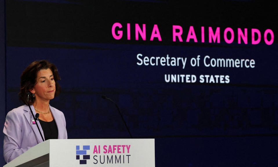 US Commerce Secretary Gina Raimondo speaks during the UK Artificial Intelligence (AI) Security Summit at Bletchley Park in central England on November 1, 2023. (Photo by TOBY MELVILLE/POOL/AFP ) (Photo by TOBY MELVILLE/POOL/AFP via Getty Images)