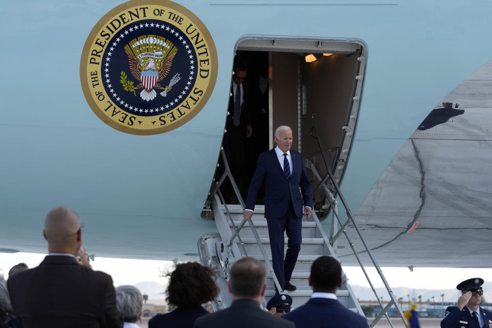 President Joe Biden exits Air Force One as he arrives at Harry Reid International Airport in Las Vegas, Monday, July 15, 2024. (AP Photo/Susan Walsh)