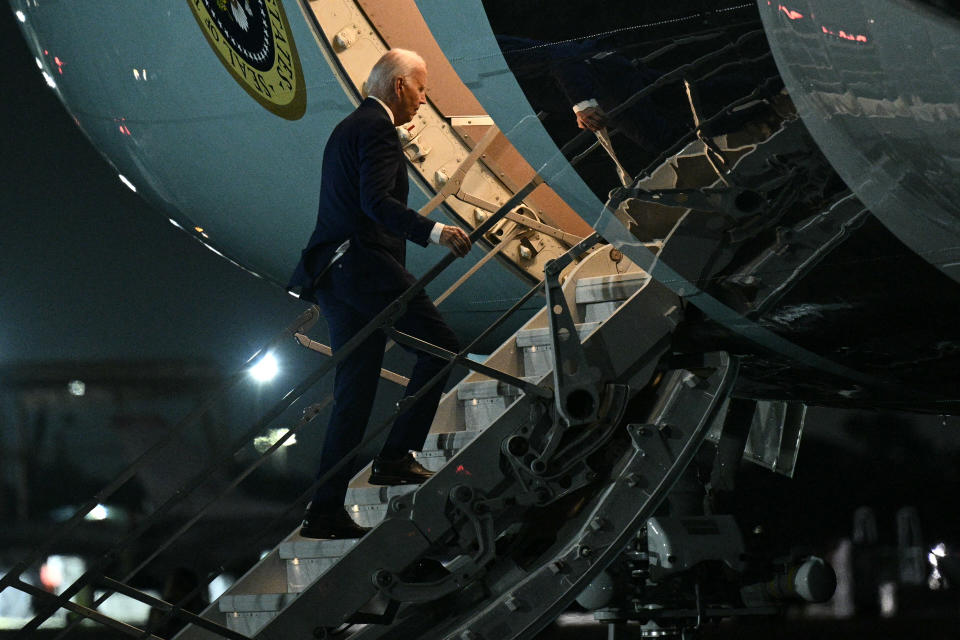 U.S. President Joe Biden boards Air Force One at Joint Reserve Base Ellington Field in Houston, Texas, on July 29, 2024, as he returns to Washington, D.C. (Photo by Brendan SMIALOWSKI/AFP) (Photo by BRENDAN SMIALOWSKI/AFP via Getty Images)