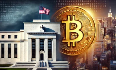 Split screen showing Federal Reserve building and Bitcoin symbol, representing economic policy impact on crypto markets