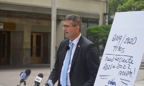 New Castle County Executive Matt Meyer, who is running for the Democratic gubernatorial nomination, held a press conference in Wilmington Monday to call for a federal investigation into his opponent Lt. Gov. Bethany Hall-Long